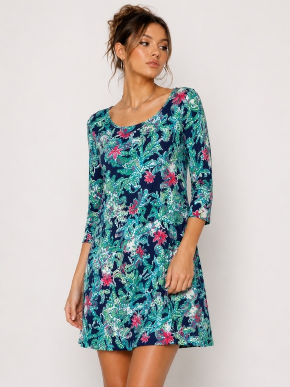 Lilly Pulitzer Floral Shift Dress - Large Blue Green Pink 3/4 Sleeve Pima Cotton